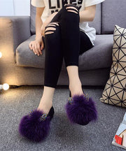 Purple Flat Shoes For Women Splicing Fuzzy Fur Zircon