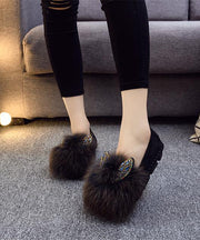 Purple Flat Shoes For Women Splicing Fuzzy Fur Zircon