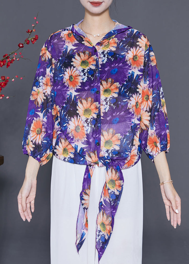 Purple Floral Chiffon UPF 50+ Shirt Top Hooded Summer