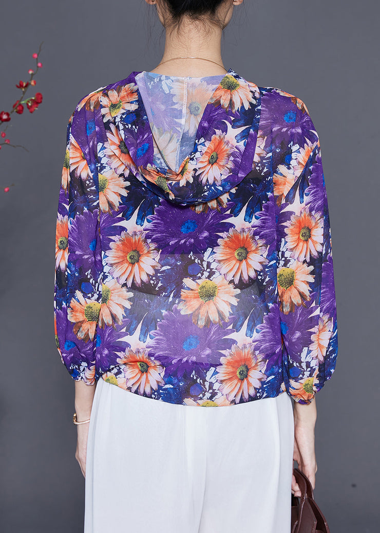 Purple Floral Chiffon UPF 50+ Shirt Top Hooded Summer