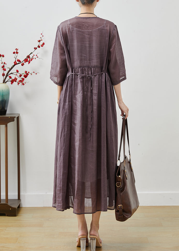 Purple Floral Linen Long Dress Embroidered Bracelet Sleeve