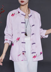 Purple Floral Linen Shirts Chinese Button Summer