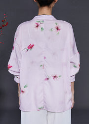 Purple Floral Linen Shirts Chinese Button Summer