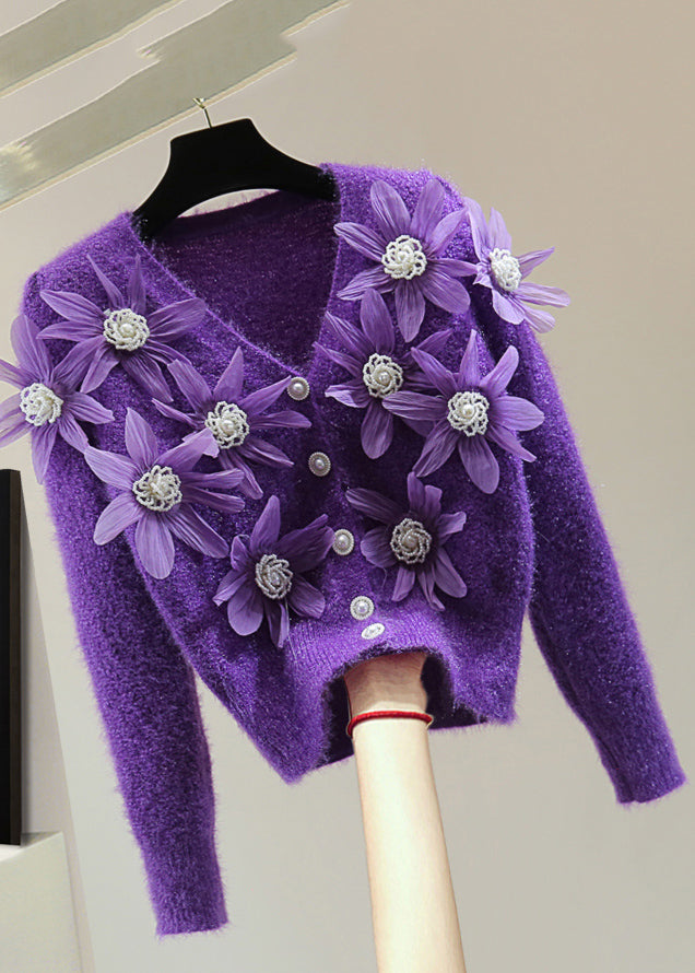 Purple Floral Ma Hai Mao Thick Cotton Knit Sweater V Neck Winter