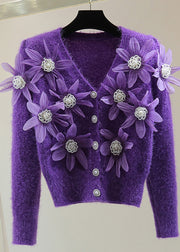 Purple Floral Ma Hai Mao Thick Cotton Knit Sweater V Neck Winter