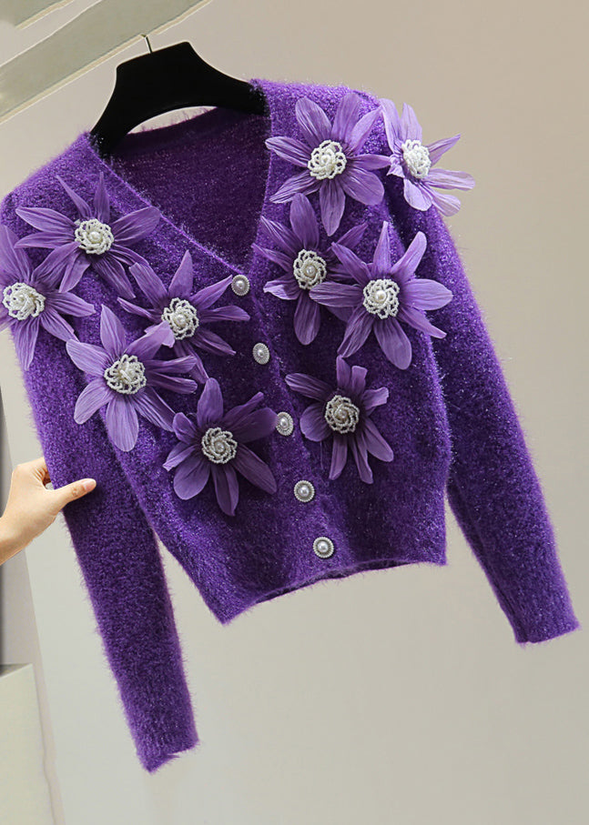 Purple Floral Ma Hai Mao Thick Cotton Knit Sweater V Neck Winter