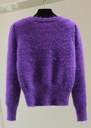 Purple Floral Ma Hai Mao Thick Cotton Knit Sweater V Neck Winter