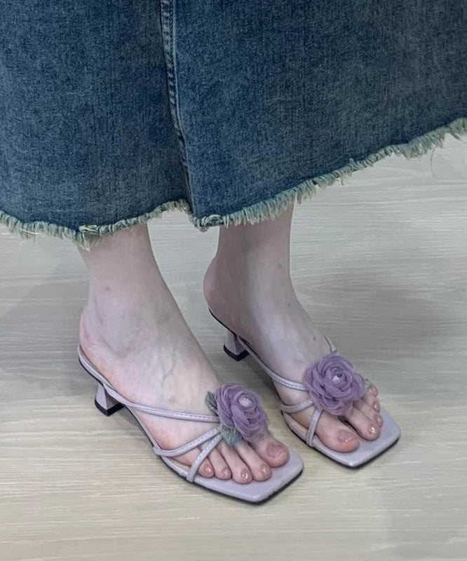 Purple Floral Stylish Splicing Chunky Heel Slide Sandals