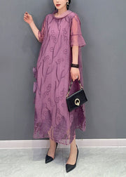 Purple Floral Tulle Long Dress Embroideried Summer