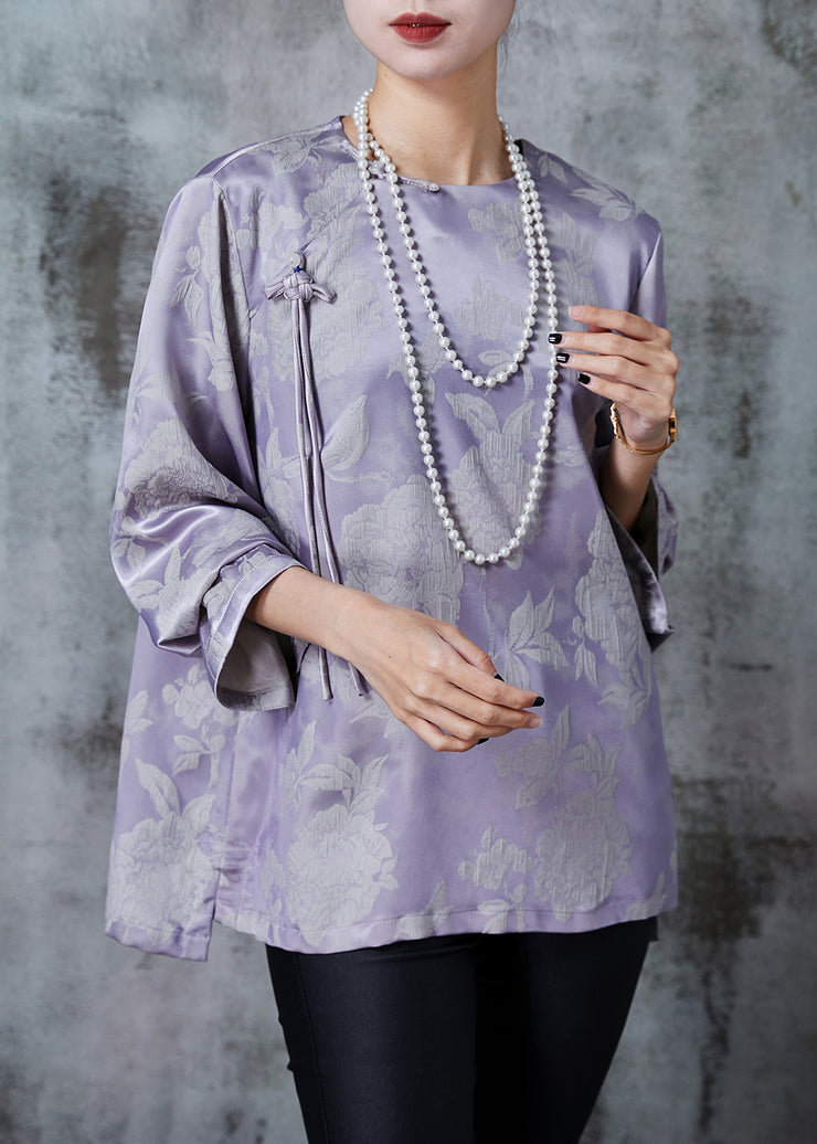 Purple Grey Silk Shirts Tasseled Chinese Button Fall