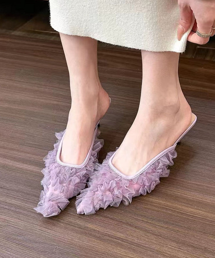 Purple High Heel Tulle Boutique Slide Sandals Pointed Toe