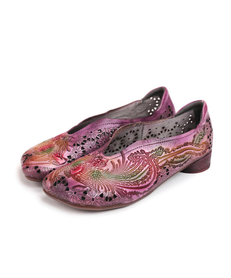 Purple Hollow Out Embossed Splicing Cowhide Leather Flat Shoes For Women