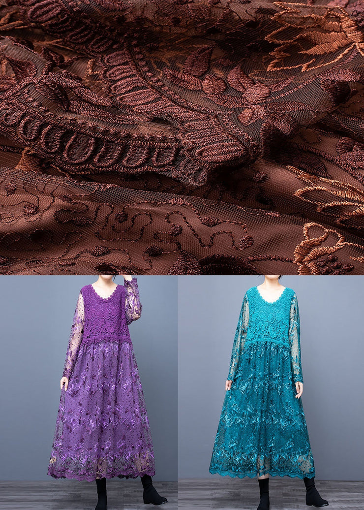 Purple Hollow Out Lace Patchwork Maxi Dresses O Neck Spring