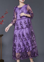 Purple Hollow Out Tulle Dress Embroidered Summer