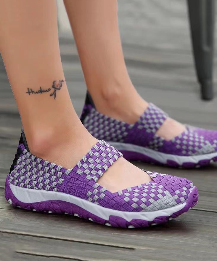 Purple Knit Fabric Handmade Splicing Flat Shoes For Women soolinen shoes-20251