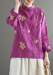 Purple Linen Chinese Style Blouses Embroideried Oriental Button Long Sleeve