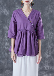 Purple Loose Cotton Blouses V Neck Ruffled Half Sleeve