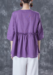 Purple Loose Cotton Blouses V Neck Ruffled Half Sleeve