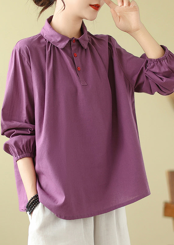 Purple Loose Cotton Shirts Peter Pan Collar Button Fall