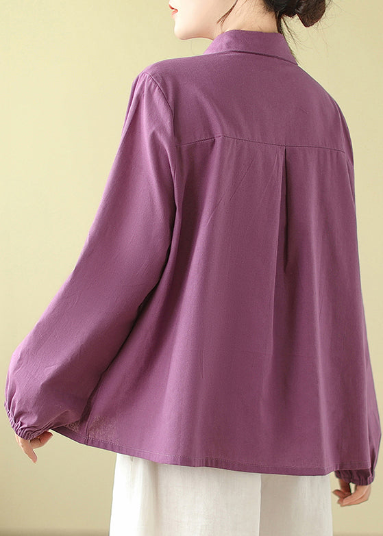 Purple Loose Cotton Shirts Peter Pan Collar Button Fall