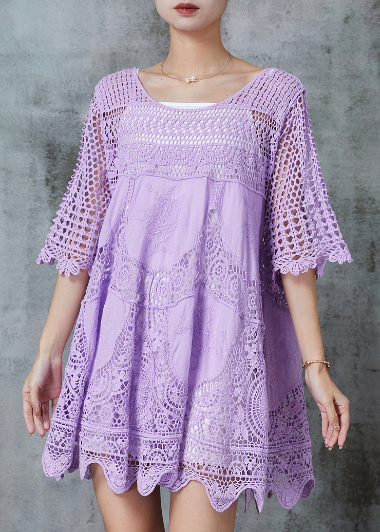 Purple Loose Lace Mini Dress Hollow Out Summer