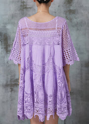 Purple Loose Lace Mini Dress Hollow Out Summer