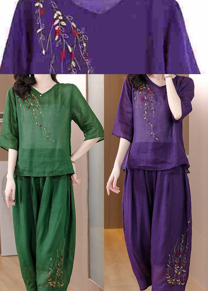 Purple Loose Linen Two Piece Suit Set Embroidered Half Sleeve