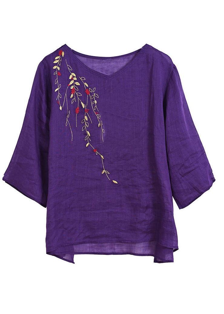 Purple Loose Linen Two Piece Suit Set Embroidered Half Sleeve