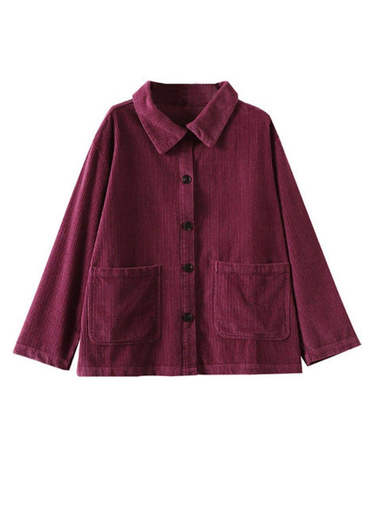 Purple Loose Pockets Shirt Top Long Sleeve Corduroy Coat - SooLinen