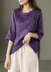 Purple Low High Design Patchwork Linen Tops Embroidered Half Sleeve