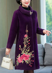 Purple Mink Velvet Long Coats Print Button Spring