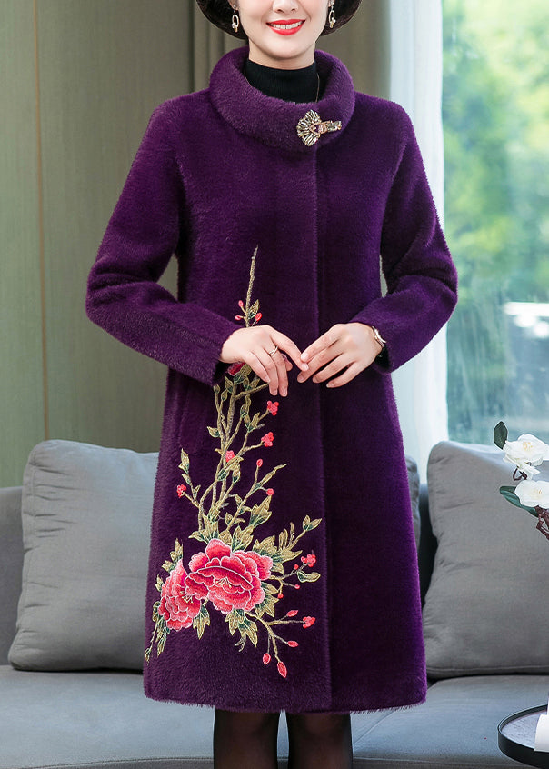 Purple Mink Velvet Long Coats Print Button Spring