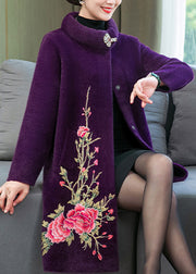 Purple Mink Velvet Long Coats Print Button Spring