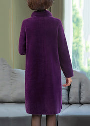 Purple Mink Velvet Long Coats Print Button Spring