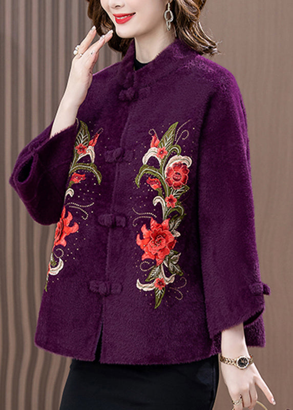 Purple Mink Velvet Woolen Coat Button Spring