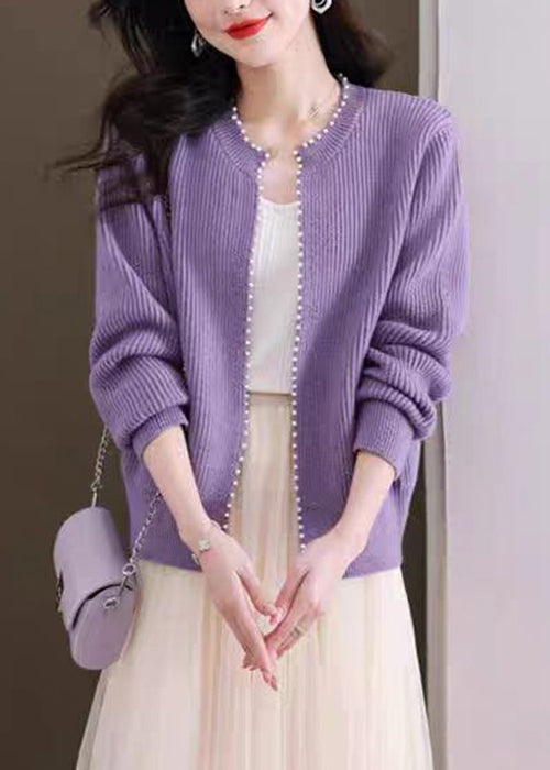 Purple Nail Bead Solid Knit Fall Cardigan O Neck