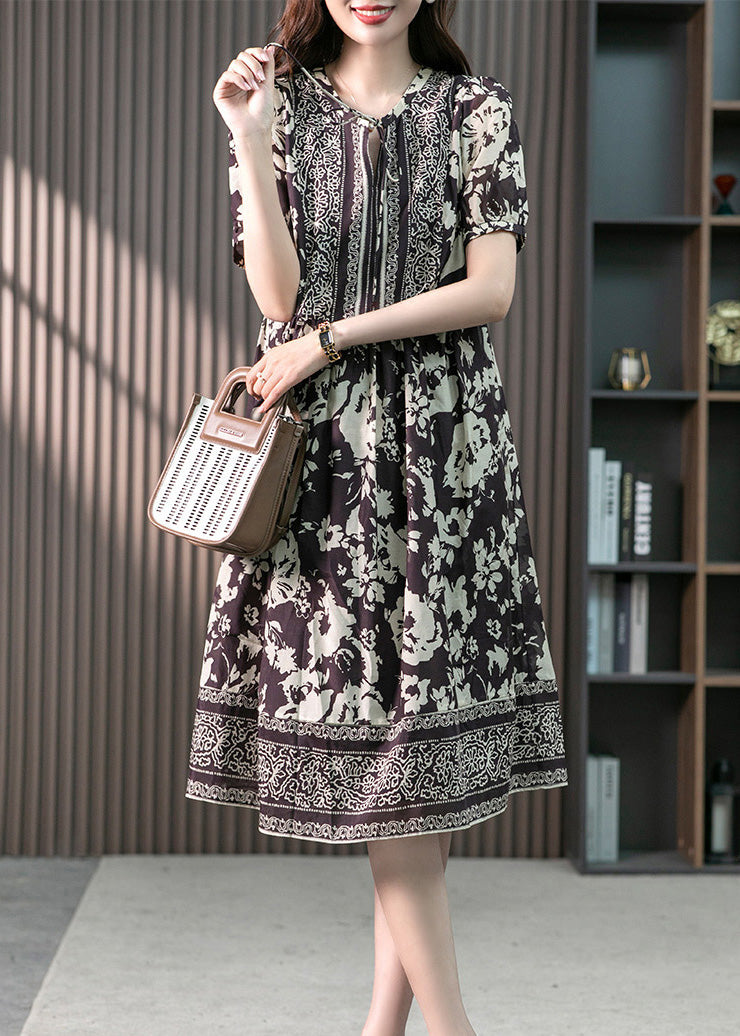 Purple Neck Tie Silk Long Dresses Short Sleeve