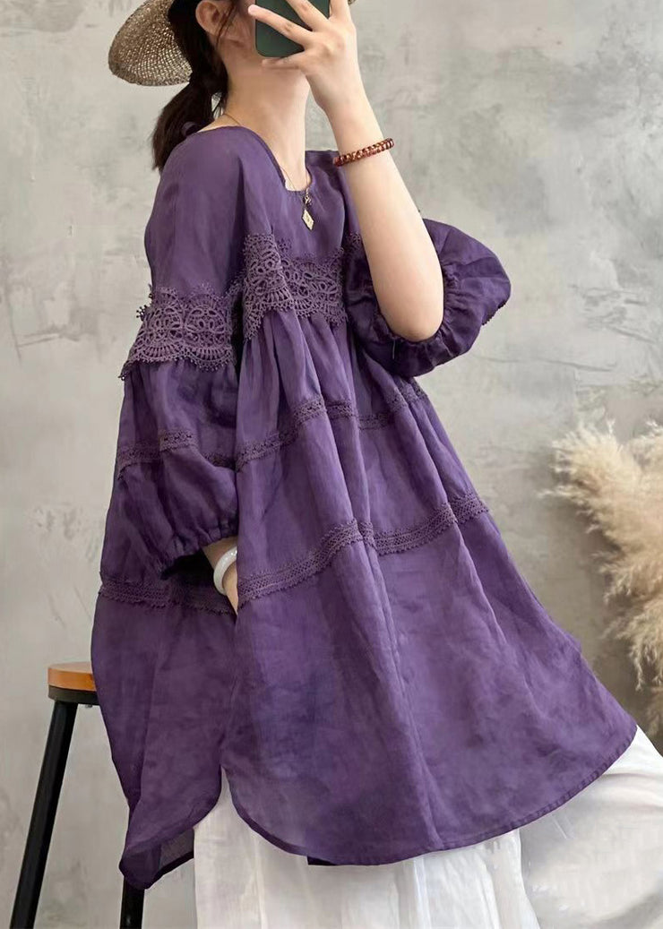 Purple O Neck Lace Patchwork Cotton T Shirt Spring