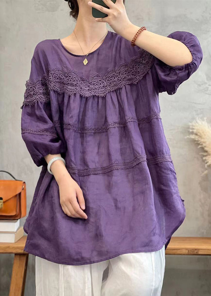 Purple O Neck Lace Patchwork Cotton T Shirt Spring