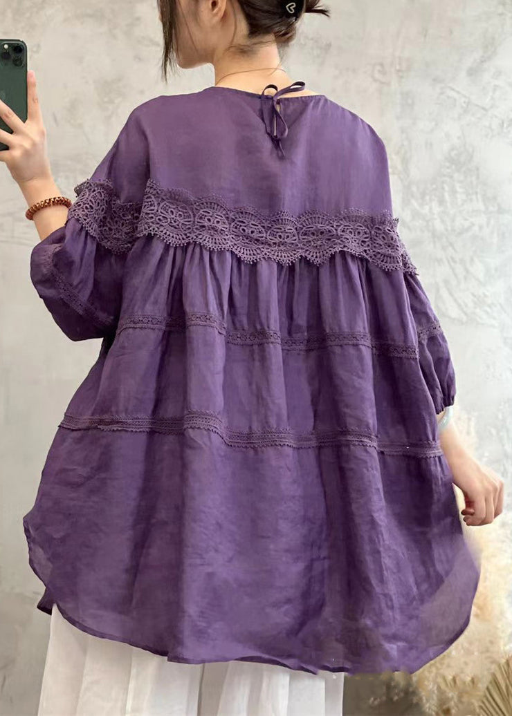 Purple O Neck Lace Patchwork Cotton T Shirt Spring