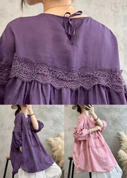 Purple O Neck Lace Patchwork Cotton T Shirt Spring