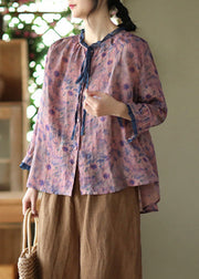 Purple O-Neck Ruffled Button Ramie Shirts Spring