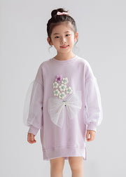 Purple O-Neck Side Open Tulle Patchwork Cotton Girls Maxi Sweatshirt Dress Spring