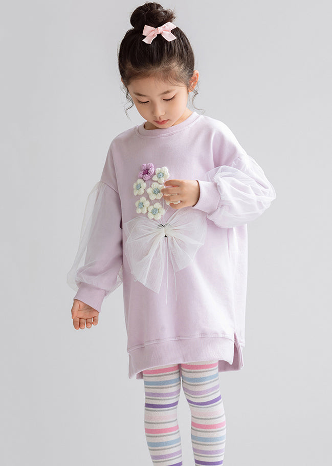 Purple O-Neck Side Open Tulle Patchwork Cotton Girls Maxi Sweatshirt Dress Spring