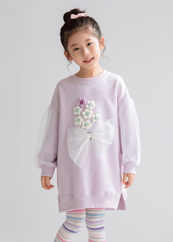 Purple O-Neck Side Open Tulle Patchwork Cotton Girls Maxi Sweatshirt Dress Spring