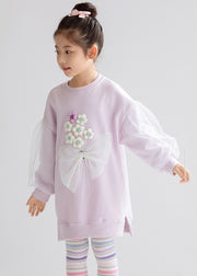 Purple O-Neck Side Open Tulle Patchwork Cotton Girls Maxi Sweatshirt Dress Spring