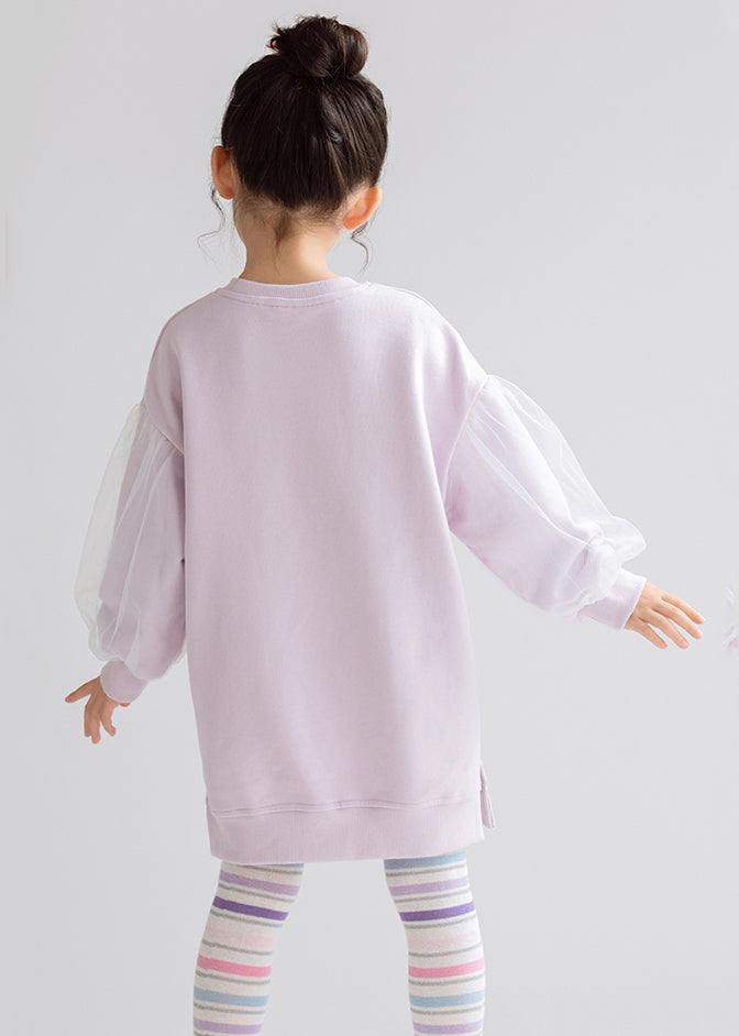 Purple O-Neck Side Open Tulle Patchwork Cotton Girls Maxi Sweatshirt Dress Spring