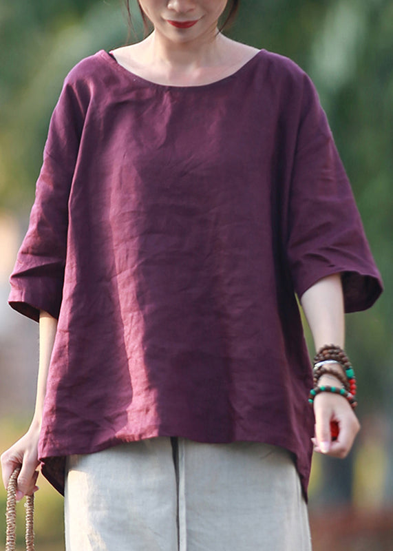 Purple O-Neck Solid Linen Shirts Summer