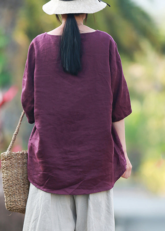 Purple O-Neck Solid Linen Shirts Summer