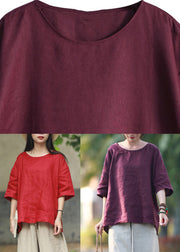 Purple O-Neck Solid Linen Shirts Summer